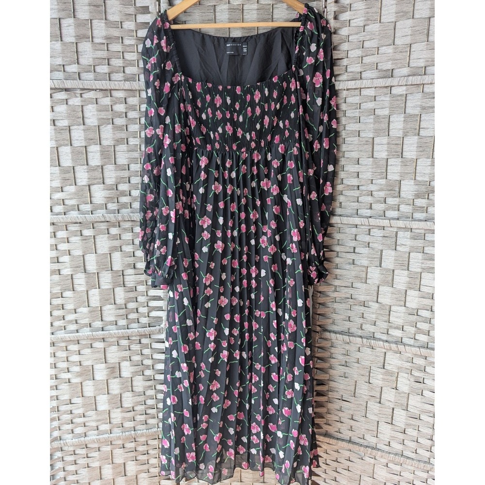 ASOS DESIGN Maternity Black Floral Pleated Smocked Midi‎ Dress US 8 Pink Flowers